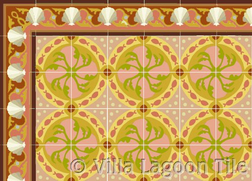 Shell Scroll cement tile border in coral