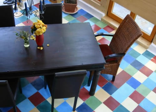 Patchwork solid color tile floor