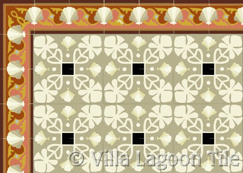 leaf patterned tile with a sea shell border in coral