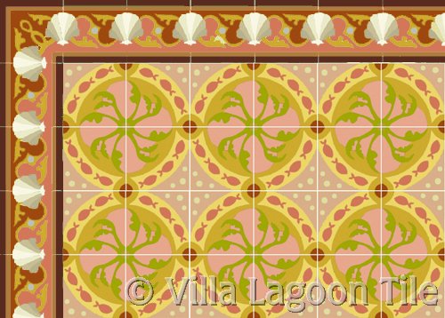 floor tile with fish design and sea shell border