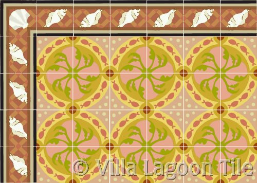 fish design tile with trellis sea shell border
