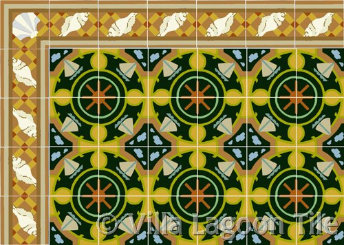 tile with sail boat and border with sea shells tile