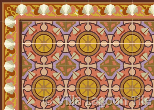Shell Scroll Border Tile in Coral Sailboat Tile in Coral cement tile