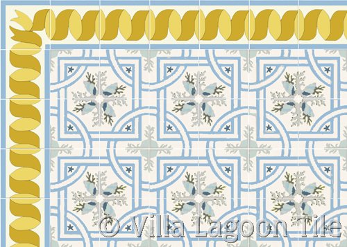 Cool blues sea shell tile floor with gold ribbon border