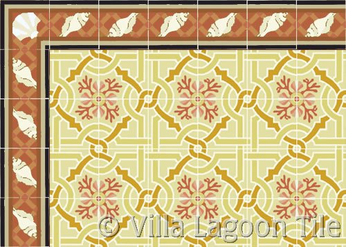 Trellis Shell Russet Border Cement Tile with Venetian Sunset Tile