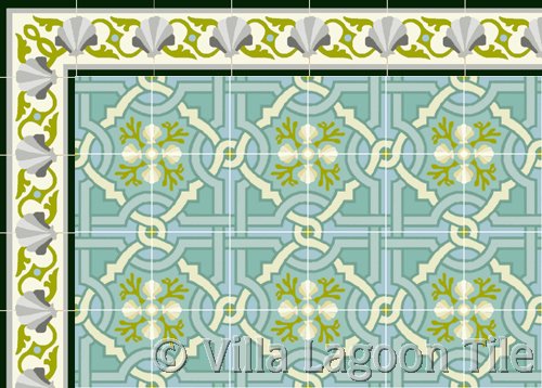 venetian floor tile with seashore designs and a coordinating border