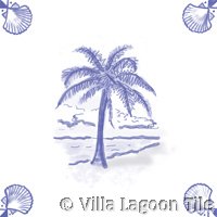 tile with palm tree in blue and white delft style
