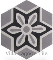 Margarite hexagonal cement tile in black and white pattern
