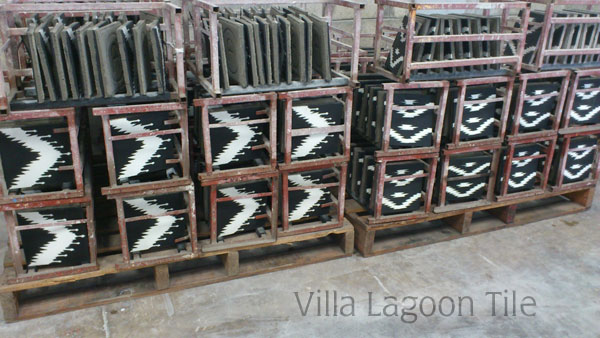 Ikat tile in racks during fabrication