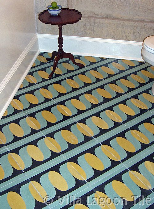 Cement tile striped floor in a half bath