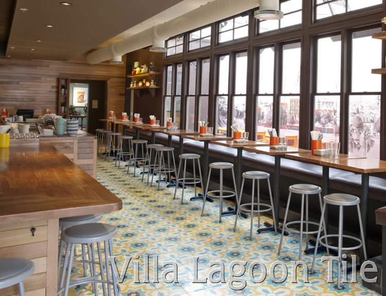 Tacolicious restaurant tile floor in San Francisco, Mexican tile