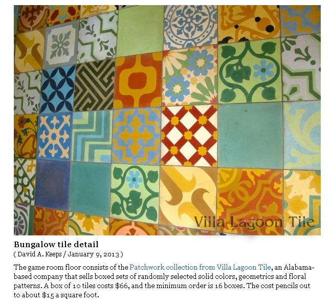 Patchwork tile under pool talbe at the Bungalow in Calif