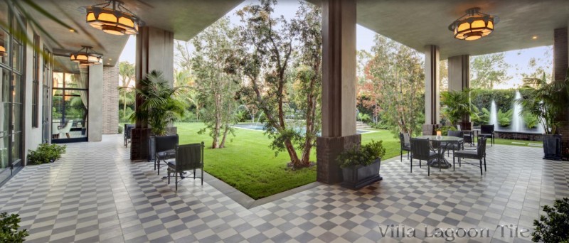 Outdoor terraces in Los Angeles Calif with checkerboard tiles