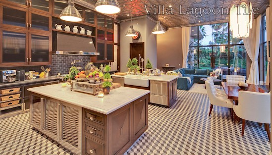 The kitchen of The Reserves Estate, a +$25 million dollar Holmby Hills (Los Angeles) mansion with Villa Lagoon Tile "Cubes" on the floor.  