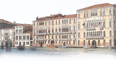 A stylized image of a Venetian canal scene.