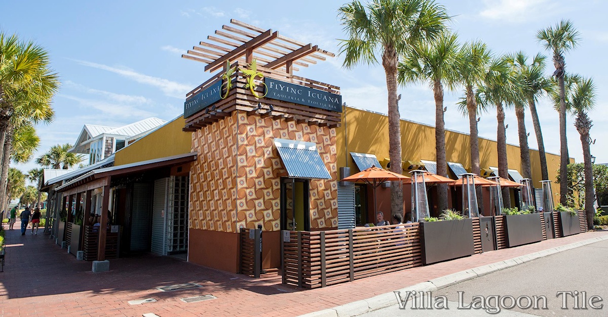 The exterior of the Flying Iguana restaurant featuring a facade of 10" Tradewinds pattern cement tile, a Villa Lagoon Tile exclusive design.