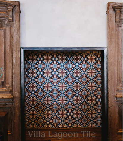 An accent wall in Gypsy Kitchen, Atlanta, featuring "Vienna" cement tile from Villa Lagoon Tile.