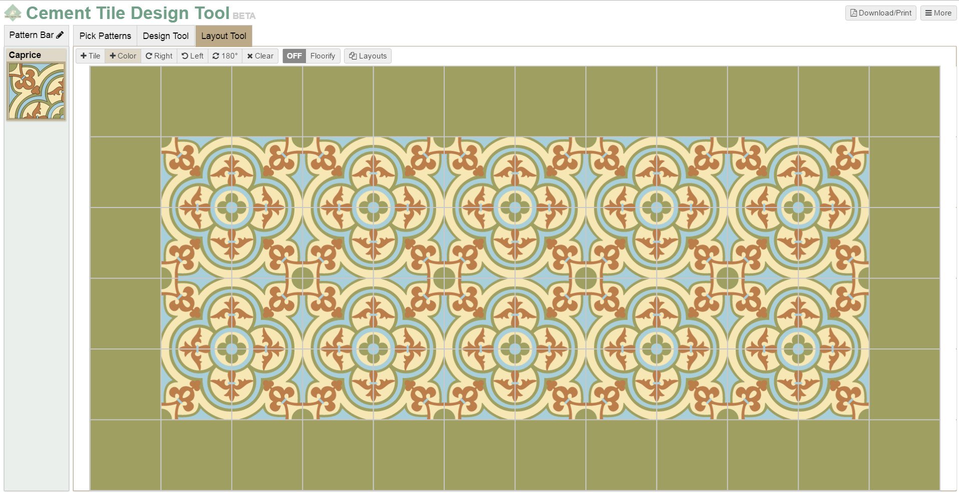Screenshot of our tile design's layout page featuring patterned and solid cement tile.