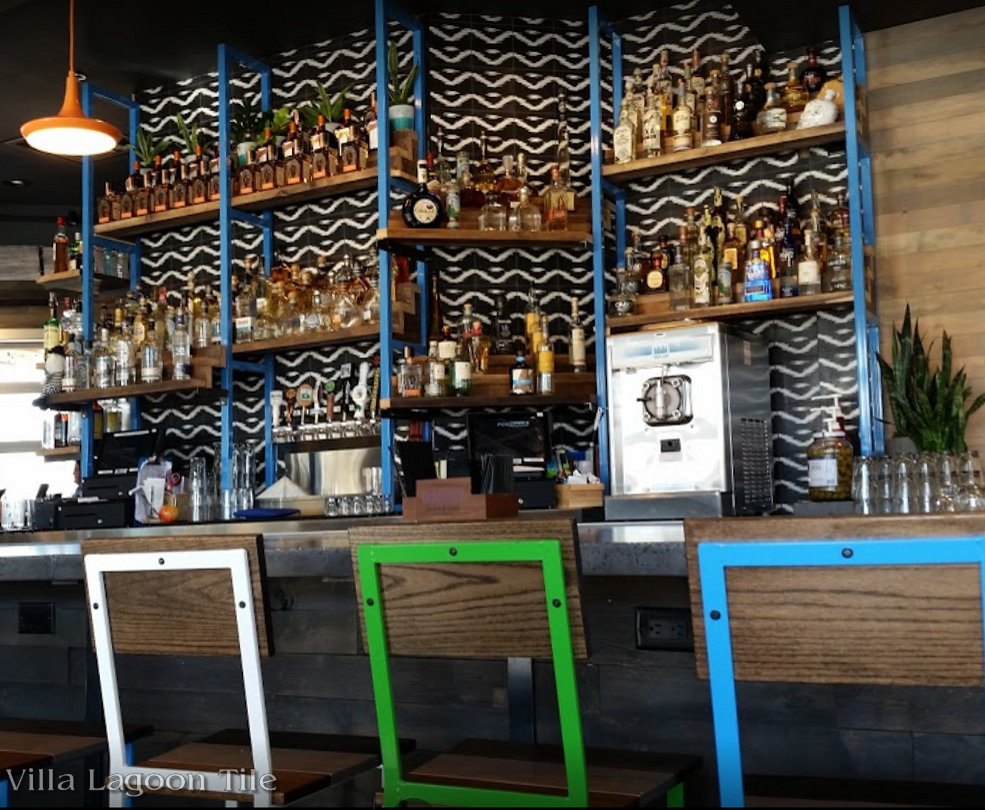 "Ikat A" Cement Tile on the Bar Back of BalAir Cantina's Oak Creek, WI Location