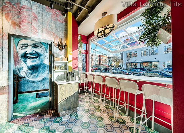 A Mix of "Concentric Hex" Cement Tile Colorways at Colada's, DC Location