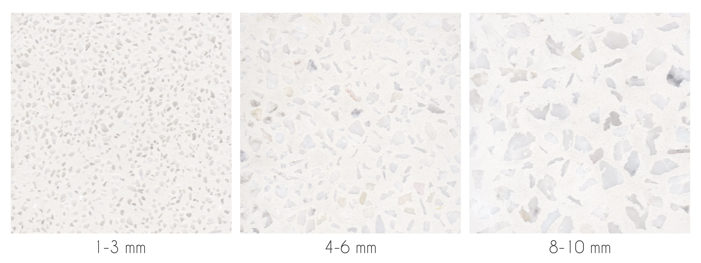 photos showing the different size terrazzo chips available