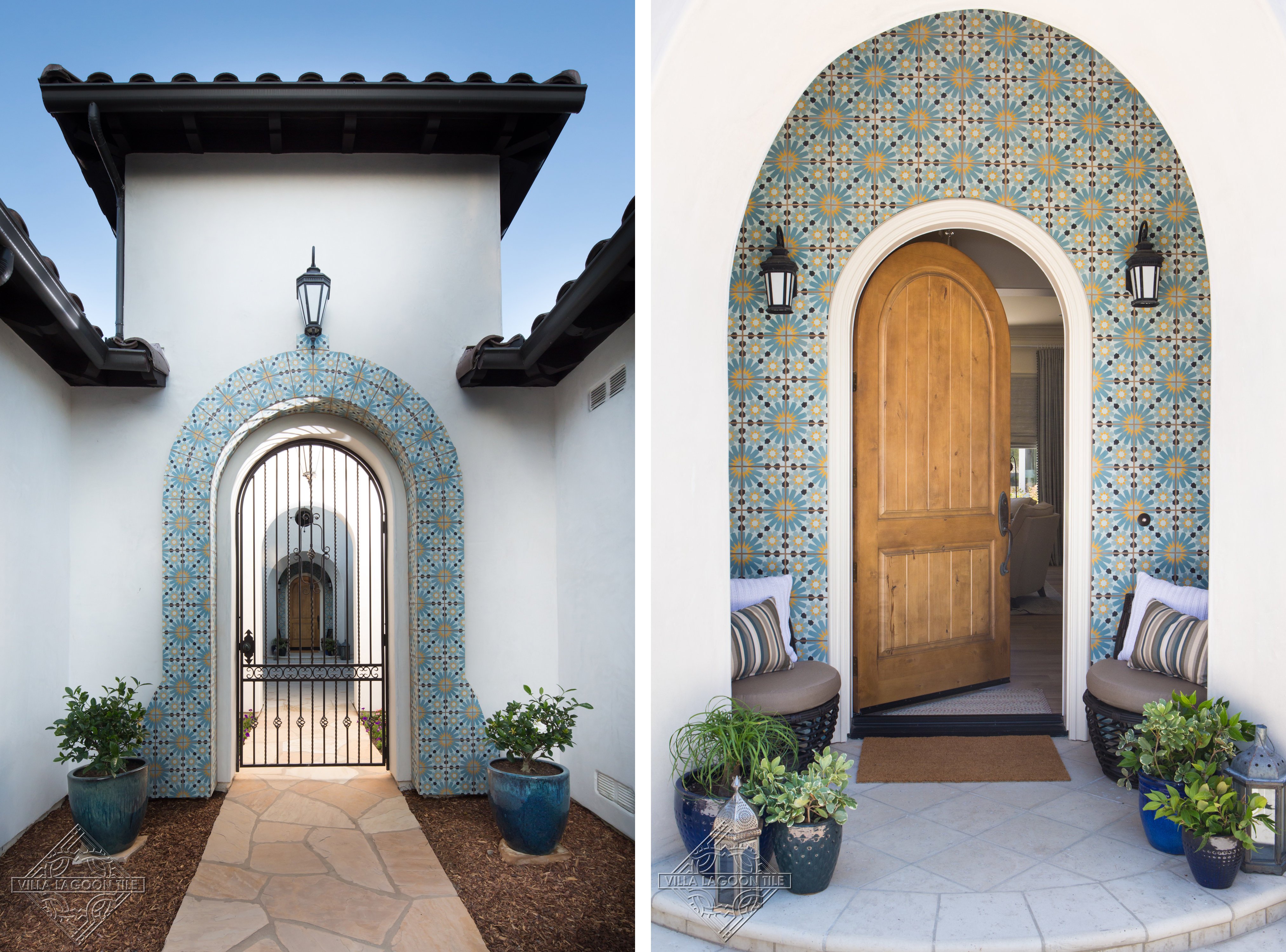 Tangier Primero cement tile on the courtyard entry wall, set in an arch, and home exterior wall at the main door. 