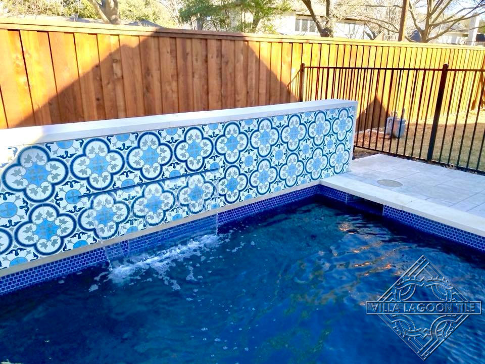 Pool Fountain wall using our "Tulips B Ice" cement Tile