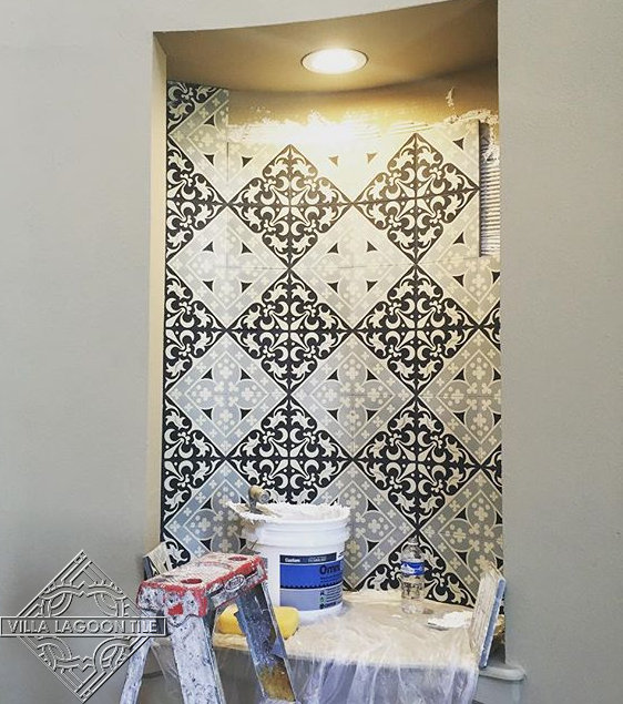 Large alcove in progress using our Canterbury Three cement tile.