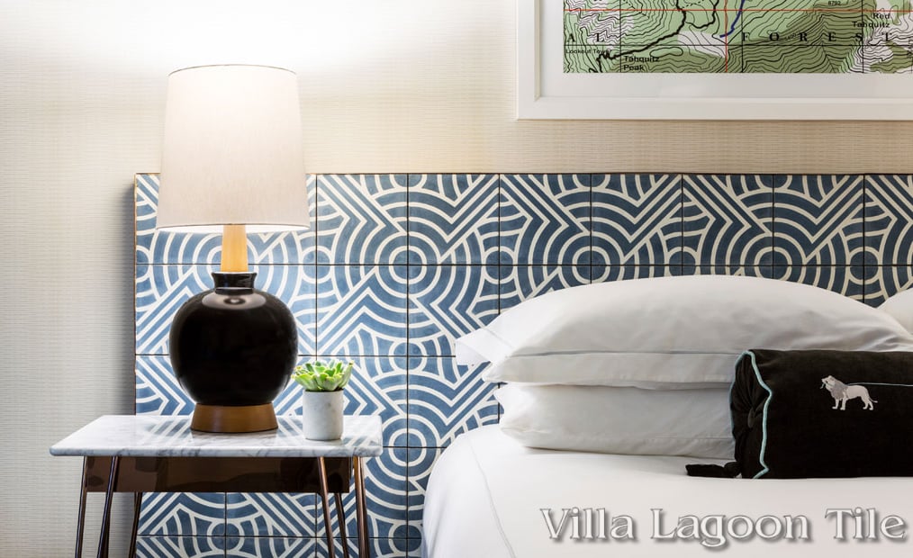 Hotel headboards created using our blue and white Props cement tile.