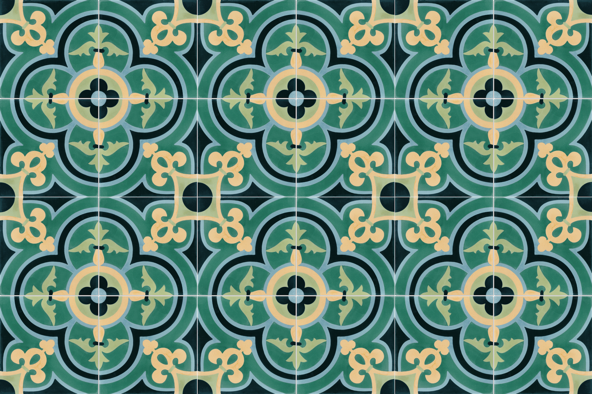 layout of 24 green and yellow french inspired cement tiles