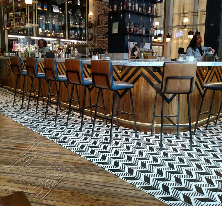 Restaurant floor featuring our original chevron patterned cement tile.