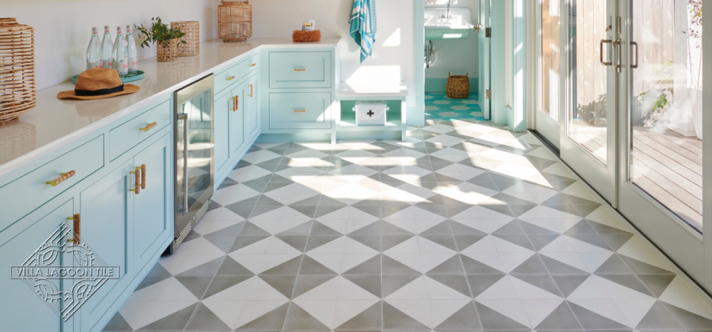 Bright room with gray and white checkerboard tile floor.