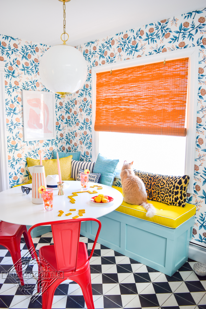 Black and white checker patterned tile floor in a retro style kitchen.