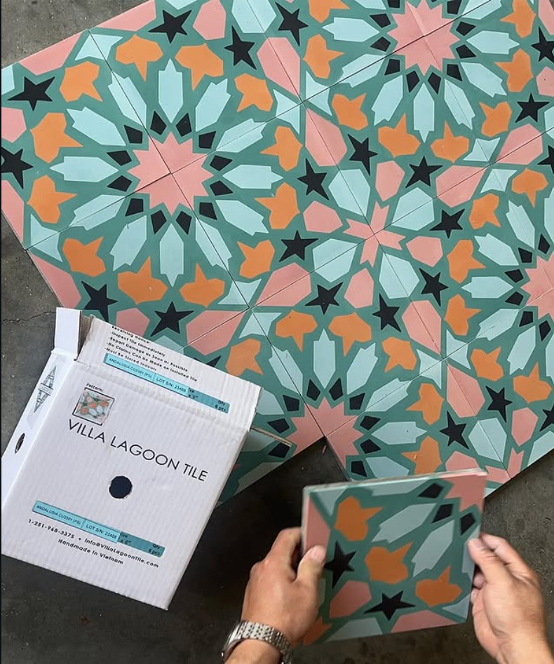 Handcrafted decorative tile featuring a vibrant geometric pattern and soft pastel color palette, ideal for creating eye-catching backsplashes, accent walls, and statement flooring.