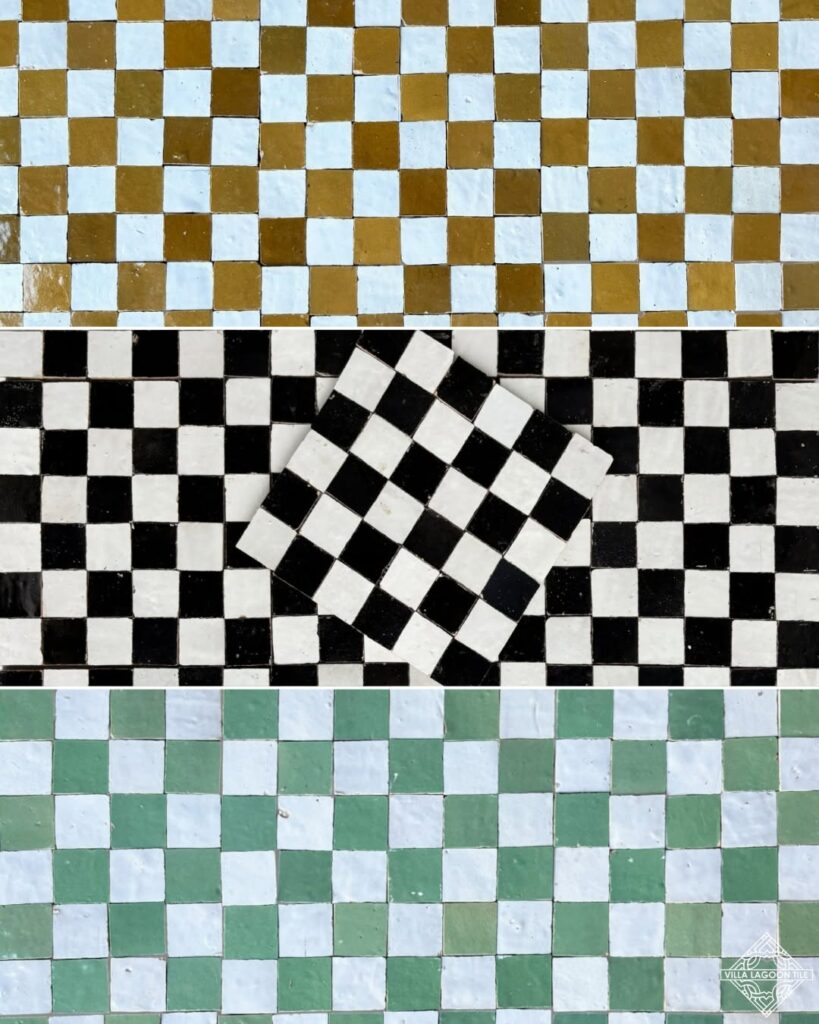 Three different colors of checkered tiles are stacked on top of one another. The top-most pattern in brown and white checker.