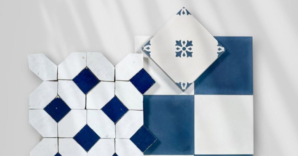 A collection of blue and white decorative cement tile patterns, showcasing geometric and floral designs.