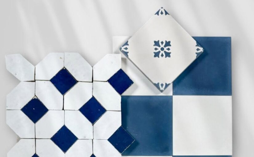 A collection of blue and white decorative cement tile patterns, showcasing geometric and floral designs.