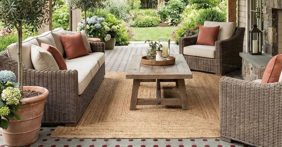 Couches are placed all around a coffee table. There is a rug underneath the coffee table and decorations on top of it.