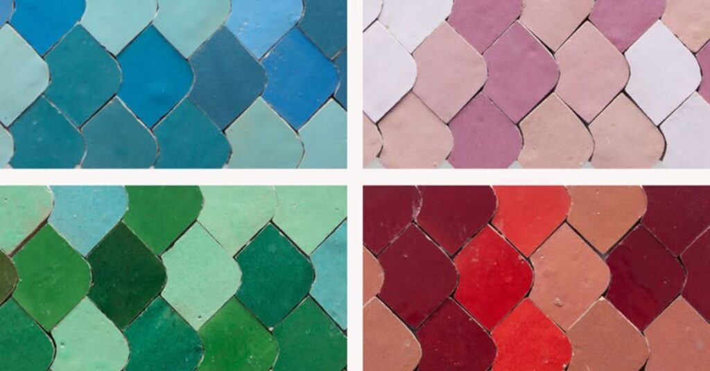 A grid broken up into four quadrants. Each quadrant has different color tiles, such as blue, red, and green.