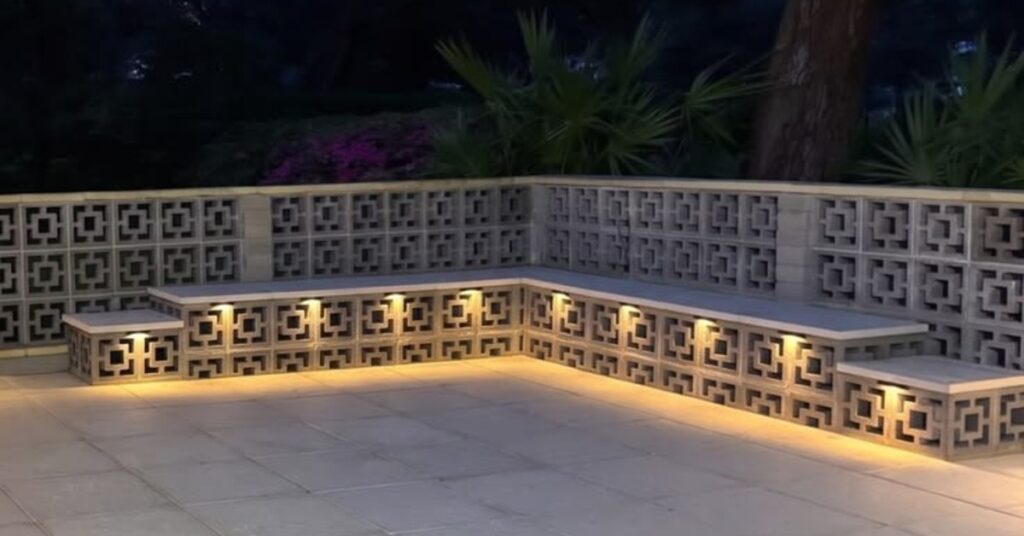 A corner of a backyard area, there is a wall of cement blocks around the perimeter. It is nighttime.