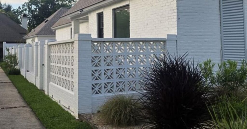 A corner of a white house has a wall made of decorative blocks bordering their property line.