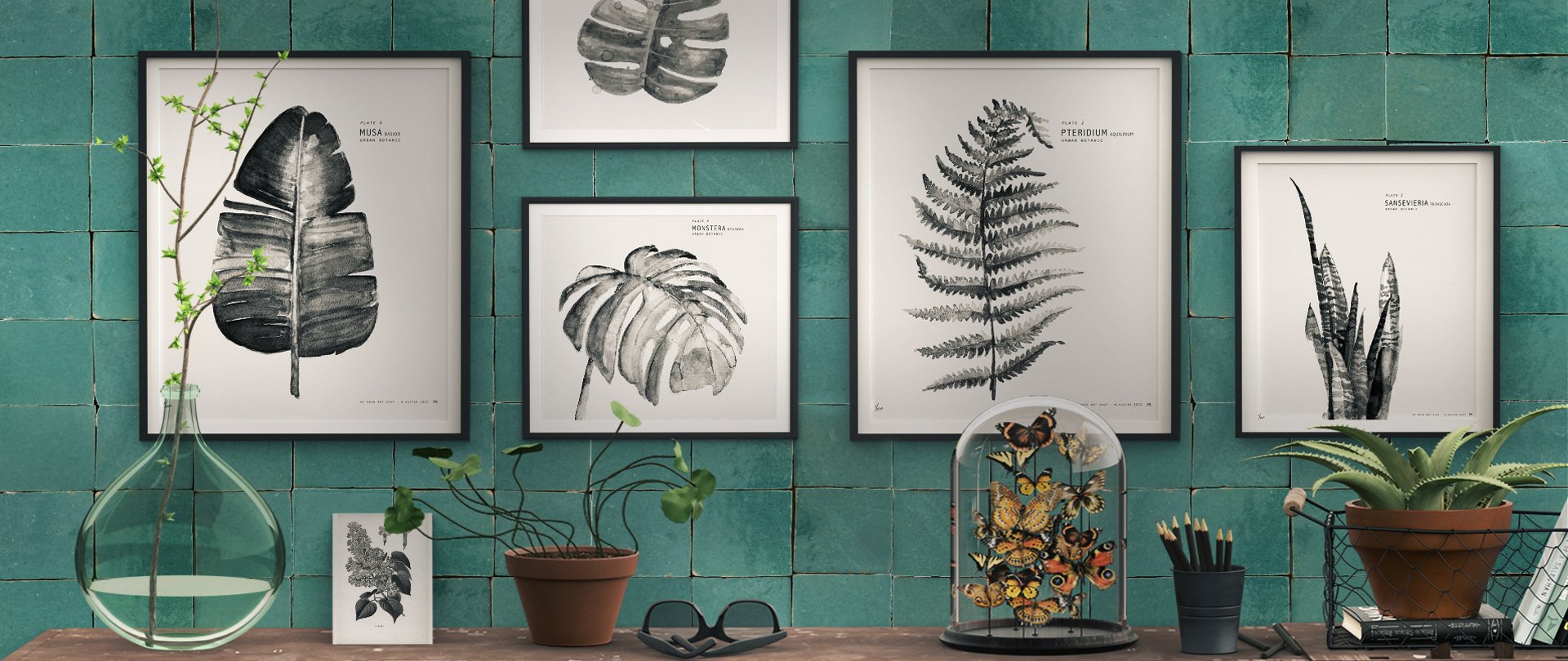 Teal botanical wall display, using Glazed Zellige Tiles in Waterfall, from Villa Lagoon Tile.