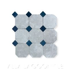 Château Saint Gilles Marine Zellige and Light Grey Limestone Octagon Mosaic, curated by Christina Salway, from Villa Lagoon Tile.