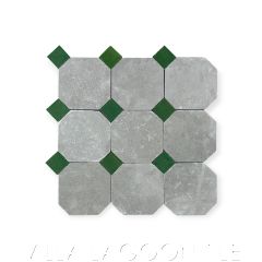 Château Saint Gilles Vert Zellige and Light Grey Limestone Octagon Mosaic, curated by Christina Salway, from Villa Lagoon Tile.