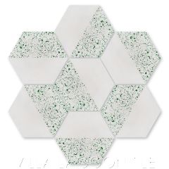 "Hex Fifty-Fifty Urban Gray and Green Glass Terrazzo" Geometric Hexagonal Cement Tile, from Villa Lagoon Tile.