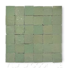 "Spanish Olive" Small Square Glazed Zellige on a 12" Mat, a Moroccan Mosaic Tile, from Villa Lagoon Tile.