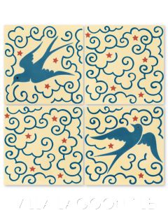 "Bell's Bright Sky" Whimsical Art Deco Wildlife Cement Tile by Cressida Bell, from Villa Lagoon Tile.