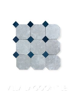 Château Saint Gilles Marine Zellige and Light Grey Limestone Octagon Mosaic, curated by Christina Salway, from Villa Lagoon Tile.