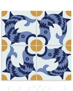 "Fish & Egg in Admiral and Periwinkle" Whimsical Wildlife Cement Tile by Jeff Shelton, from Villa Lagoon Tile.
