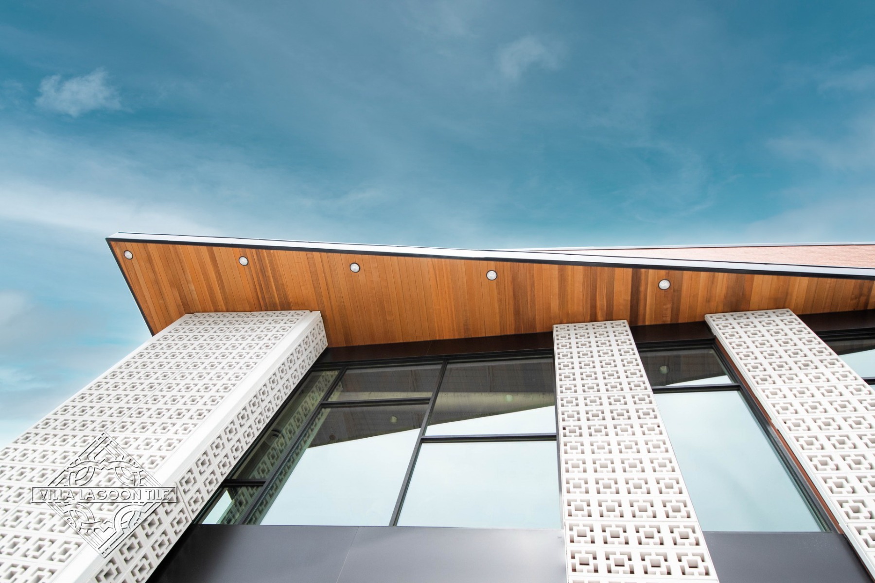 Architectural Low-Angle View of Large Tonga Breeze Blocks and Wood Soffit in Nashville